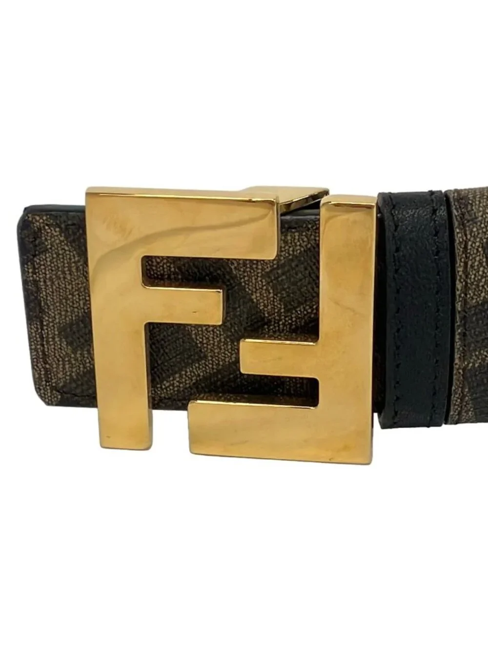 Fendi Belt Dark Brown Gold Zucca Pattern Reversible FF Square Leather